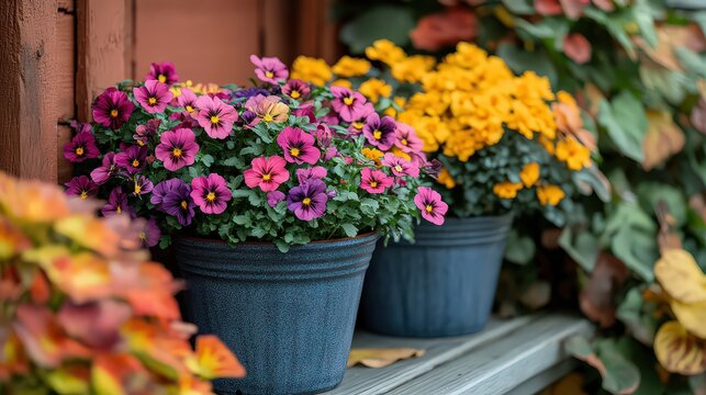  Colorful pots of pansies and mums on porch, vibrant fall flowers brighten up autumn scene with their rich purple, yellow, and orange hues.