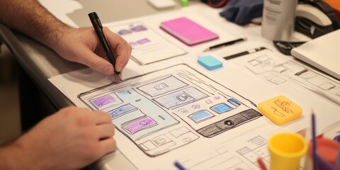 A UX designer sketching ideas for a mobile app, emphasizing user experience and development.