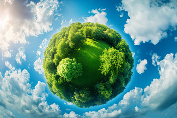 A spherical planet with lush green trees and grass, surrounded by a blue sky with white clouds.