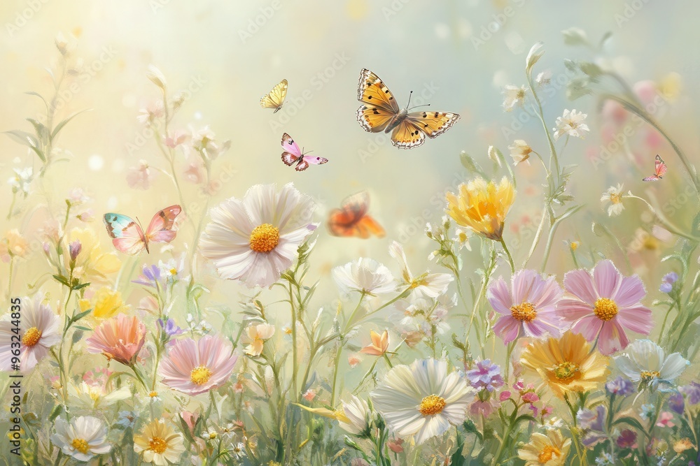 Poster wildflowers bloom richly while butterflies flutter amidst them in a serene meadow bathed in warm sun