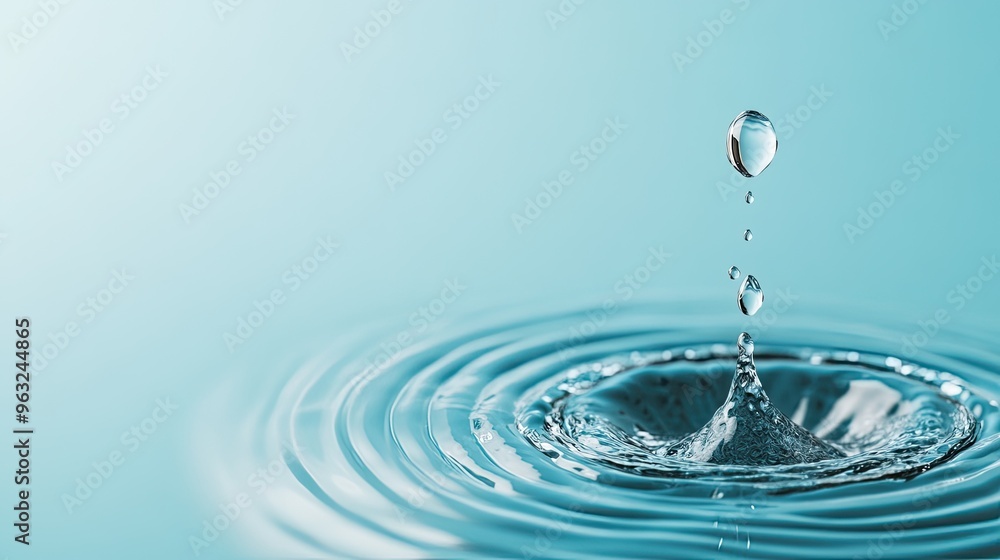 Poster a close-up image of a water droplet creating ripples on a serene surface, evoking tranquility and fl