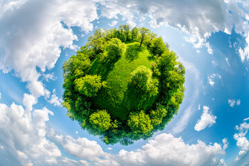 A 360 degree view of a small green planet with a grassy field, trees and a blue sky with white clouds.