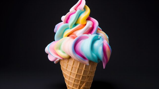 A colorful swirl of soft serve ice cream in a waffle cone