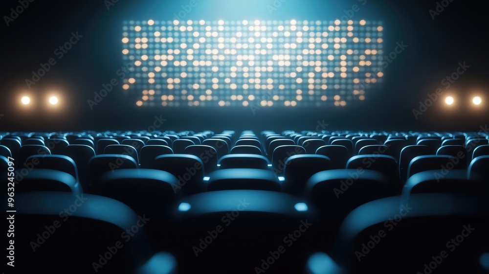 Aufkleber empty cinema interior with rows of seats and a bright screen displaying colorful lights, creating an