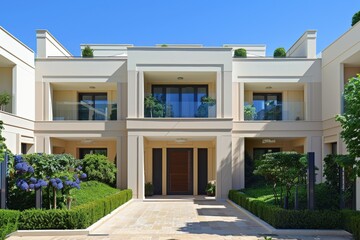 A modern two-story house with a flat roof and large windows. Beautiful simple AI generated image