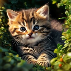 Fototapeta premium An adorable kitten in a green background. The lush green background and sunlight adds a natural artistic touch to the photograph. Outdoor nature setting photography. 