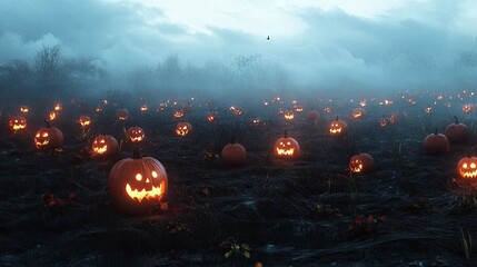 Icon of a haunted pumpkin patch, with glowing jack-lanterns scattered across a foggy field.