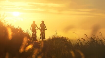 Fototapeta premium A couple, their faces illuminated by the warm glow of the morning sun, embarking on a mountain biking adventure, their hearts filled with anticipation and joy.