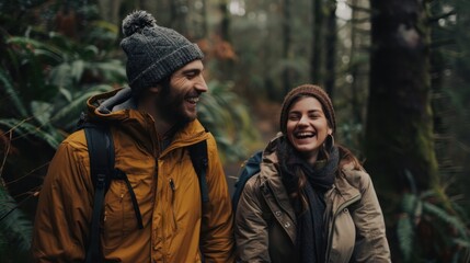 A couple, their laughter mingling with the sounds of nature, exploring hidden trails deep within a dense forest, their love for each other deepening with every shared experience