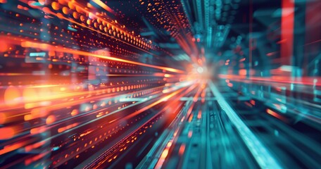 A dynamic visualization of speed and technology with vibrant colors and light streaks.