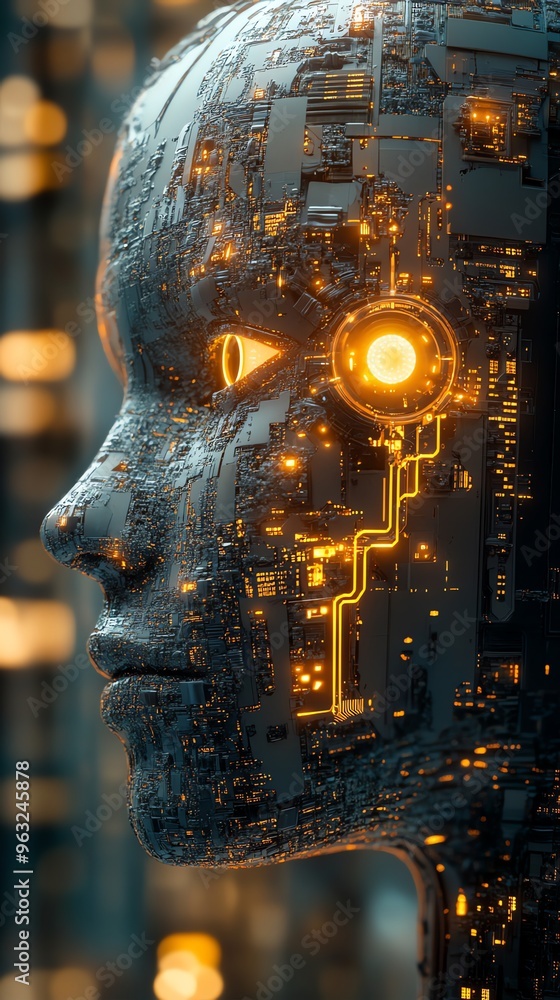 Aufkleber Futuristic AI robot with glowing circuits.