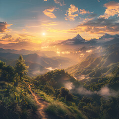 Fototapeta premium Serene Mountain Sunrise: A Journey Through Nature's Golden Splendor and Tranquil Beauty at the Dawn