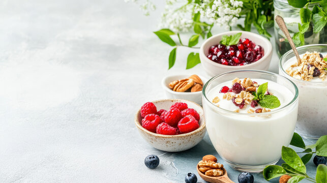 Fresh yogurt parfaits with granola topped with berries on a light background, evoking a healthy breakfast or snack idea