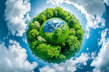 A miniature planet Earth surrounded by lush green trees and clouds against a bright blue sky,...