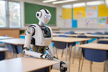 A robot sat in a classroom learning, studying like a student. There are desks and chairs. Charts on the background wall. Ai learning concept.