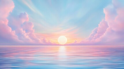 Fototapeta premium A beautiful painting of a sunset over the ocean with a large sun in the sky