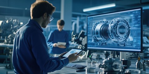 Chief engineer in a research lab using a tablet while a team of industrial engineers works on engine designs using computers.