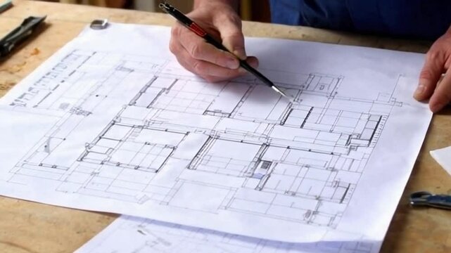 a person is drawing on a blueprint with a pencil