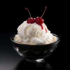 Cherry on Top:  A decadent scoop of vanilla ice cream is adorned with three ripe cherries and a generous drizzle of cherry sauce in this mouthwatering, close-up photo.  The image evokes a sense of ind