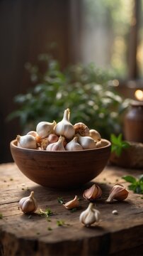 Rustic bowl filled with fresh garlic cloves and herbs.