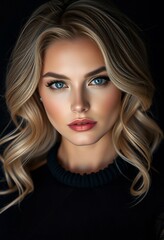 Fototapeta premium Elegant blonde in black gown, beauty, fashion look and hairstyle, face portrait of beautiful woman, for skincare cosmetics, hair care, glamour style 