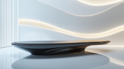 A high-end, polished display platform showcased against flowing white wall designs and soft, ambient lighting. The sleek, modern aesthetic invites the eye to focus on the smooth curves and textures 