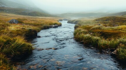 Fototapeta premium A crystal-clear stream meandering through a misty valley