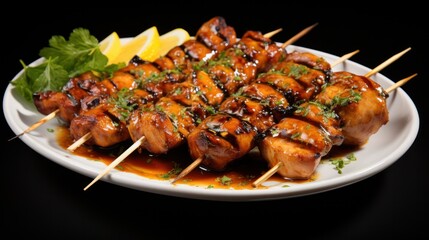 A culinary masterpiece featuring BBQ pork and chicken skewers glazed with a tantalizing honey-mustard sauce, their sweetness perfectly complementing the smoky meat.