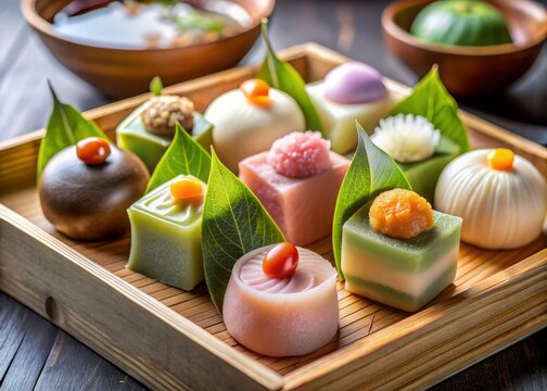 &bull; Soft focus on a curated selection of Japanese desserts, uiro and manjū nestled among delicate paper wrappings