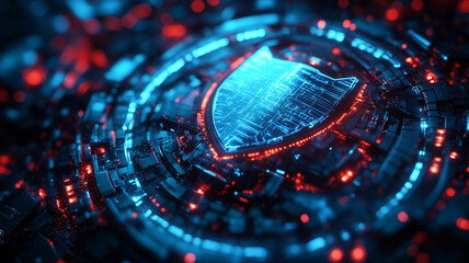 A futuristic representation of cybersecurity, featuring a glowing blue shield surrounded by intricate circuits