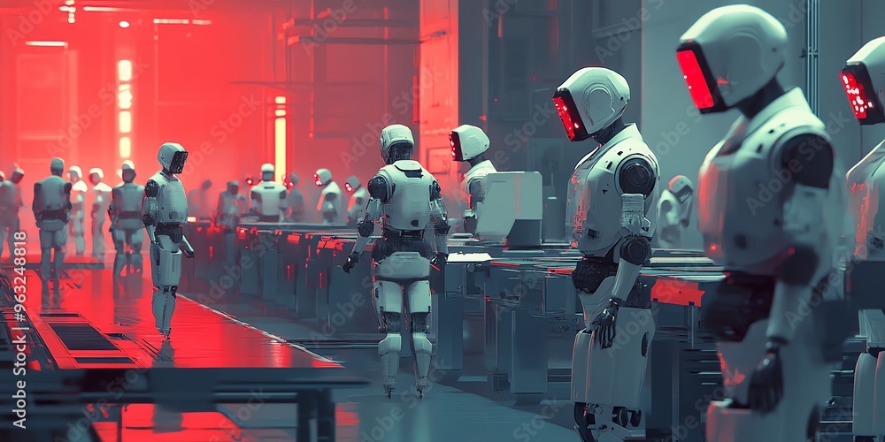 Poster futuristic robots walking in a sterile environment.