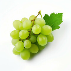 Obraz premium Green Grapes on White Background: A cluster of fresh, green grapes with a single leaf rests on a clean white backdrop, highlighting the fruit's vibrant hue and natural beauty. 