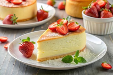 The featherlight texture of Japanese cheesecake is showcased on a sparkling white plate, with a delicate garnish of sliced strawberries and a sprinkle of shaved almonds.