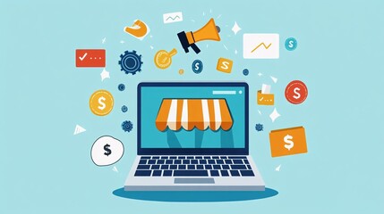 Online Shop with Laptop  Money  and Megaphone