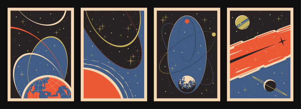 Retro Space Background Set, Vector Templates for Cosmic Illustrations, Covers, Posters. Earth, Saturn, Jupiter and other Planets, Moon, Sun, Comet, Stars. 1950s -- 1960s Space Placards Style and Color