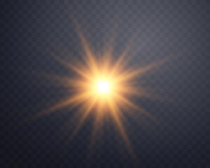 Orange sunlight lens flare, sun flash with rays and spotlight. Glowing burst explosion on a transparent background. Vector illustration.