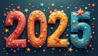 A vibrant 2025 sign surrounded by party confetti and sparkling lights. The scene is festive and energetic, ideal for New Year's Eve celebrations and parties.