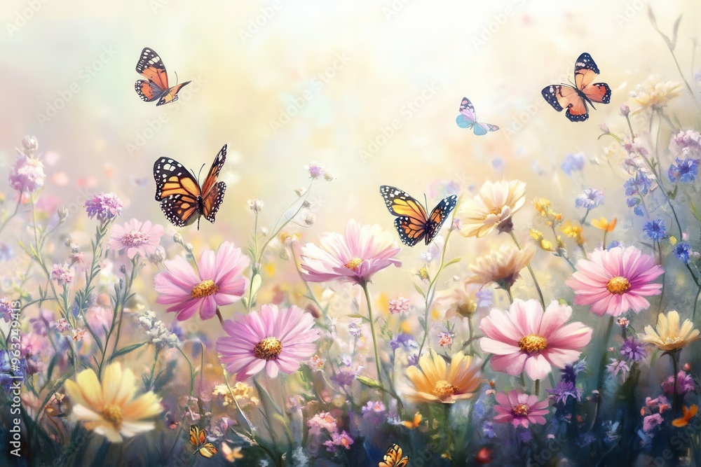 Poster colorful wildflowers bloom in a sunny meadow while butterflies flutter joyfully around them, creatin