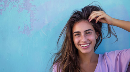 Fototapeta premium caucasian Pretty woman smiling Brushing hair back with hand png file