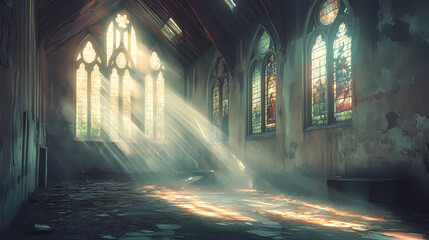 Obraz premium A serene interior of an abandoned building with light streaming through stained glass windows. Abandoned Building. Illustration