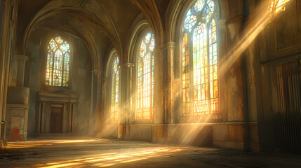 Obraz premium A serene interior of an abandoned building with light streaming through stained glass windows. Abandoned Building. Illustration