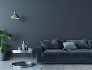 Minimalist Living Room with Dark Gray Sofa, Round Coffee Table, and Modern Decor