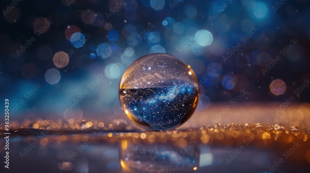 Poster a dewdrop reflecting the starry sky, creating a celestial panorama within its tiny sphere.
