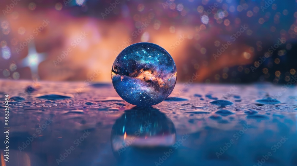 Poster a dewdrop reflecting the starry sky, creating a celestial panorama within its tiny sphere.