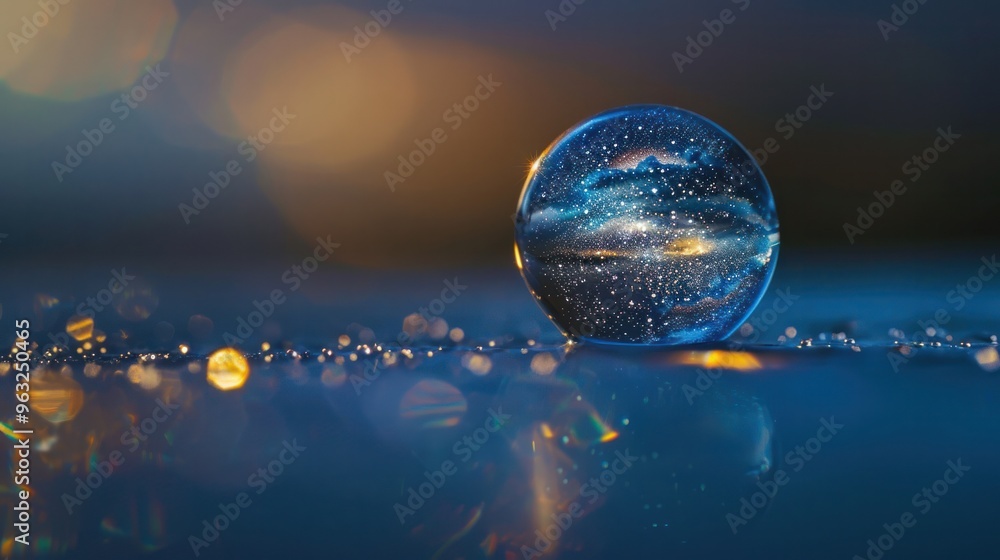 Poster a dewdrop reflecting the starry sky, creating a celestial panorama within its tiny sphere.