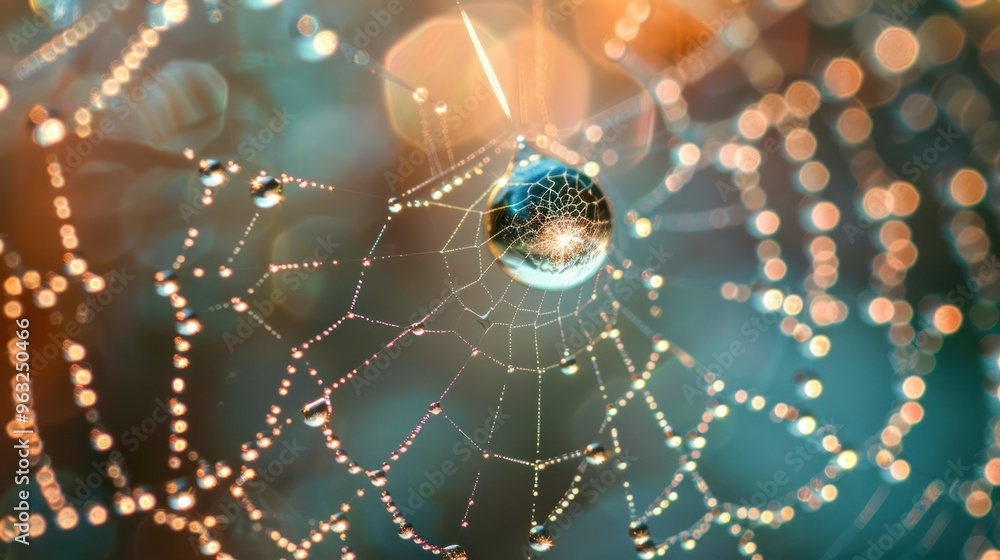 Poster a dewdrop delicately balancing on a spider's web, creating a mesmerizing interplay of light and refl