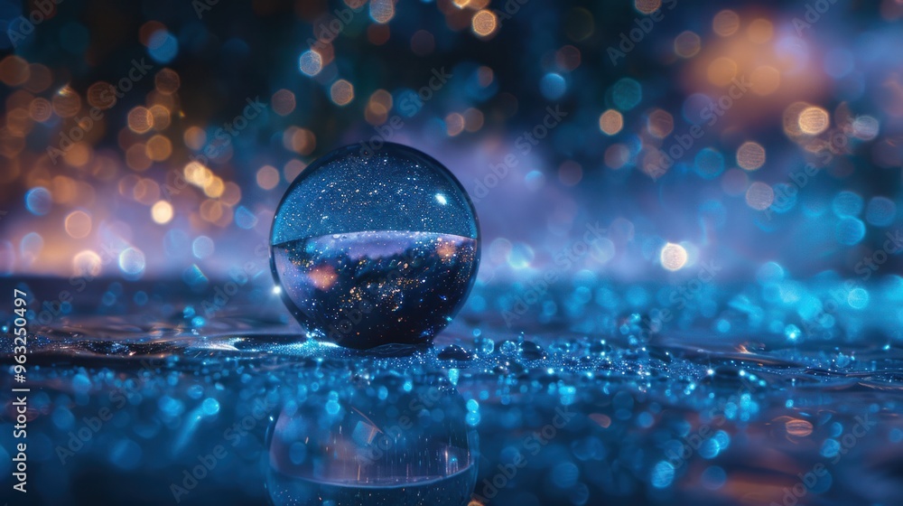 Poster a dewdrop reflecting the starry sky, creating a celestial panorama within its tiny sphere.