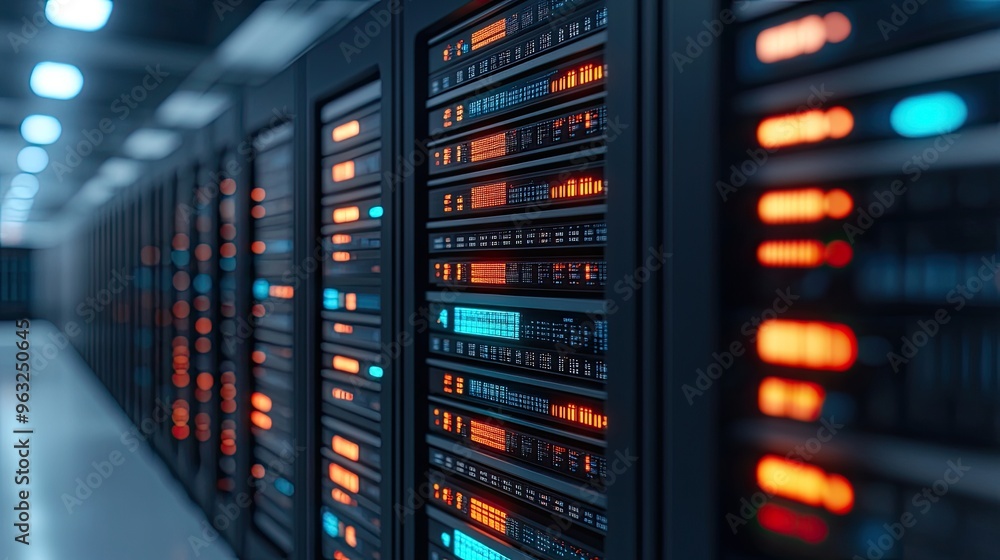 Poster a close-up view of a modern data center featuring illuminated server units and intricate technology 