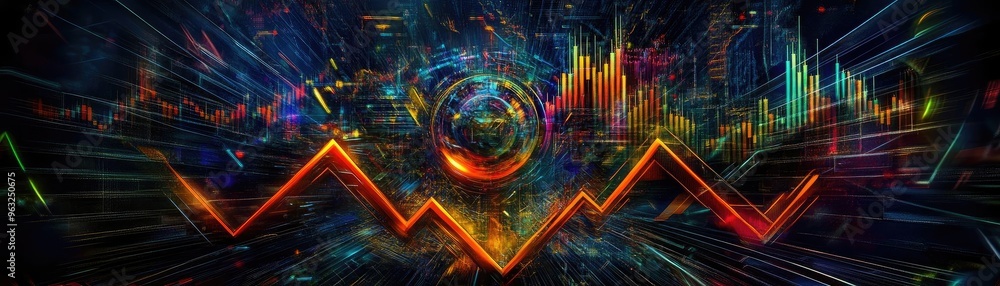 Poster vibrant abstract visualization of data flow, featuring dynamic lines and colorful patterns represent