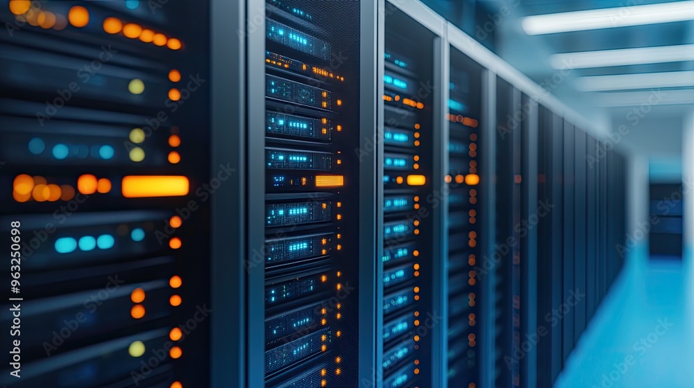 Poster a close-up view of a modern data center with server racks, featuring glowing lights and a sleek, org